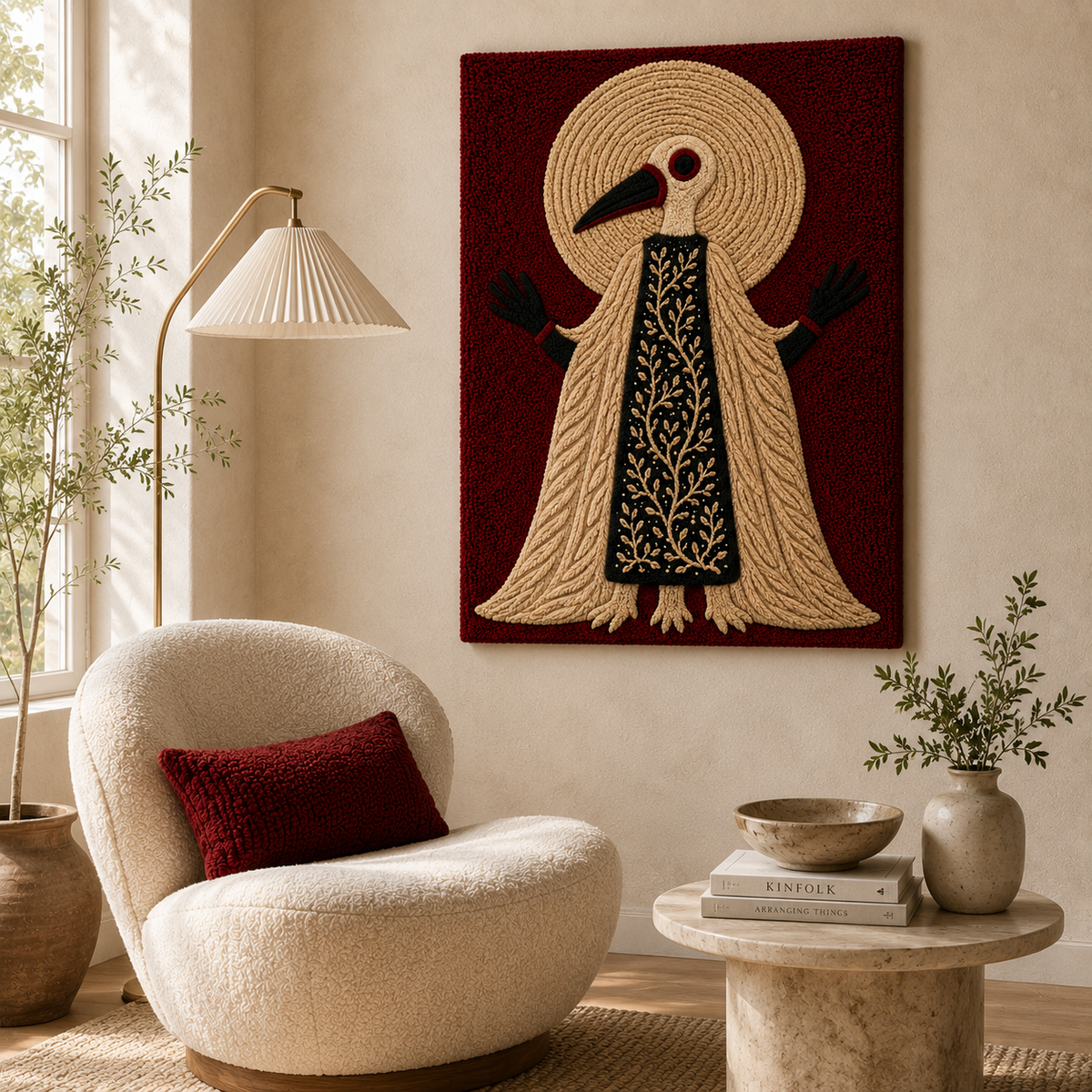 Crimson Bird Oracle wall art by Hewn Earth featuring vibrant red bird illustration on textured background.