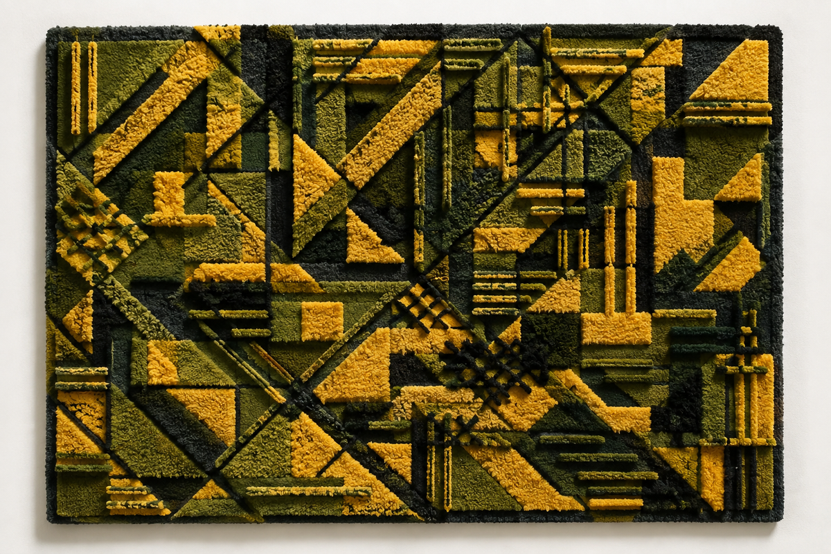 Hewn Earth Verdigris Circuit wall art featuring abstract geometric shapes in green and blue tones, modern interior decor piece.