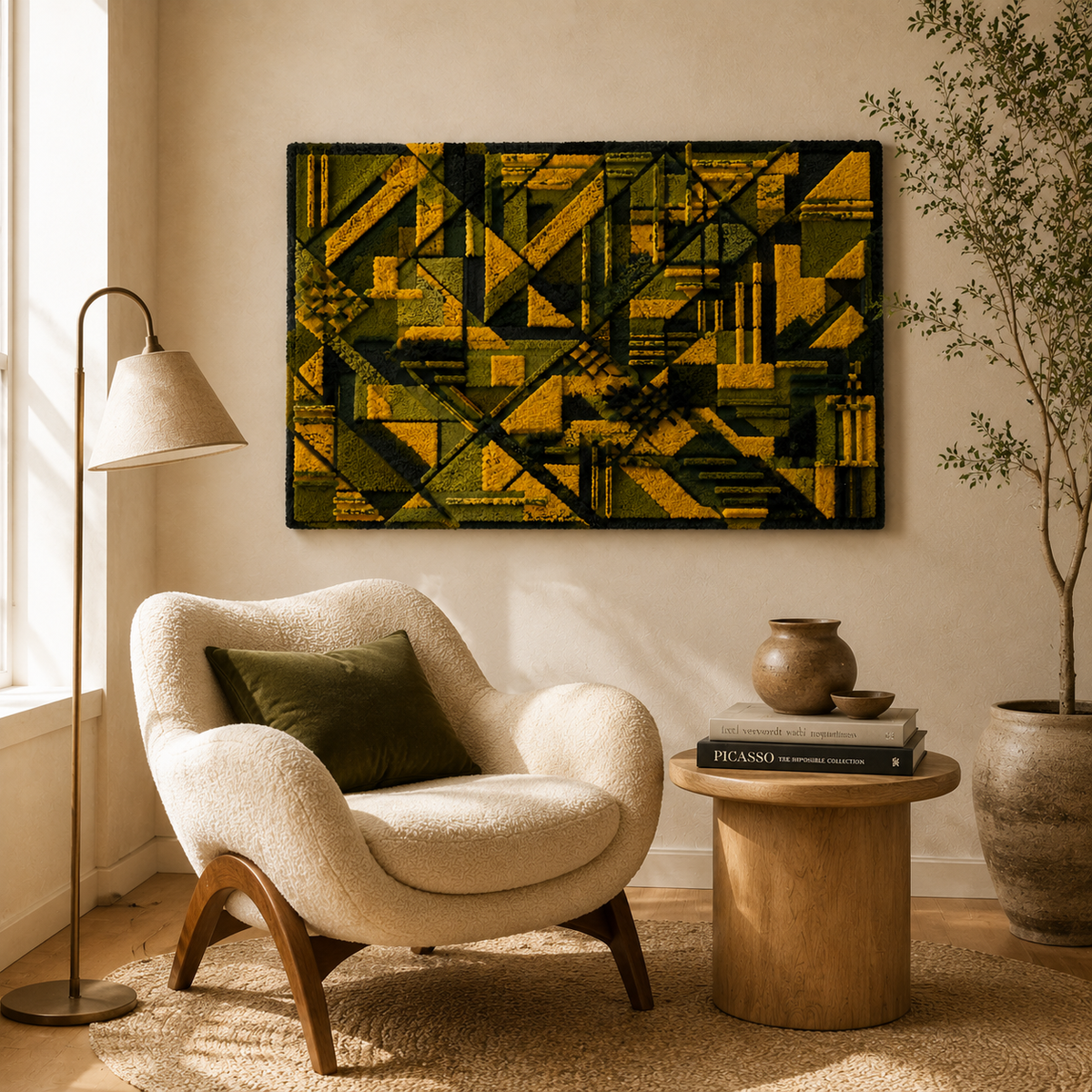 Hewn Earth Verdigris Circuit wall art featuring abstract geometric design in green and blue tones on a neutral background