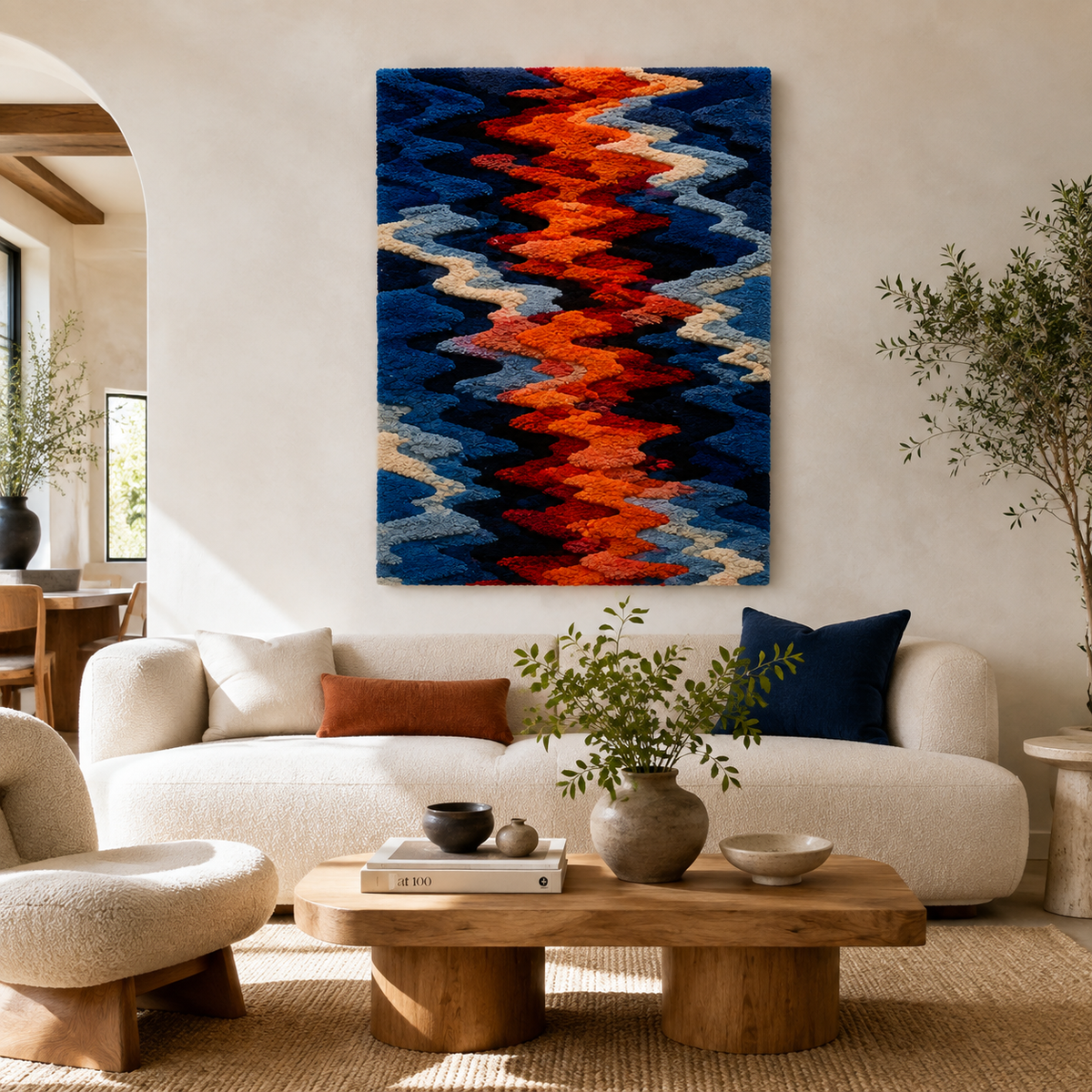 Hewn Earth Tidal Zigzag wall art featuring a vibrant zigzag design on a textured canvas backdrop.