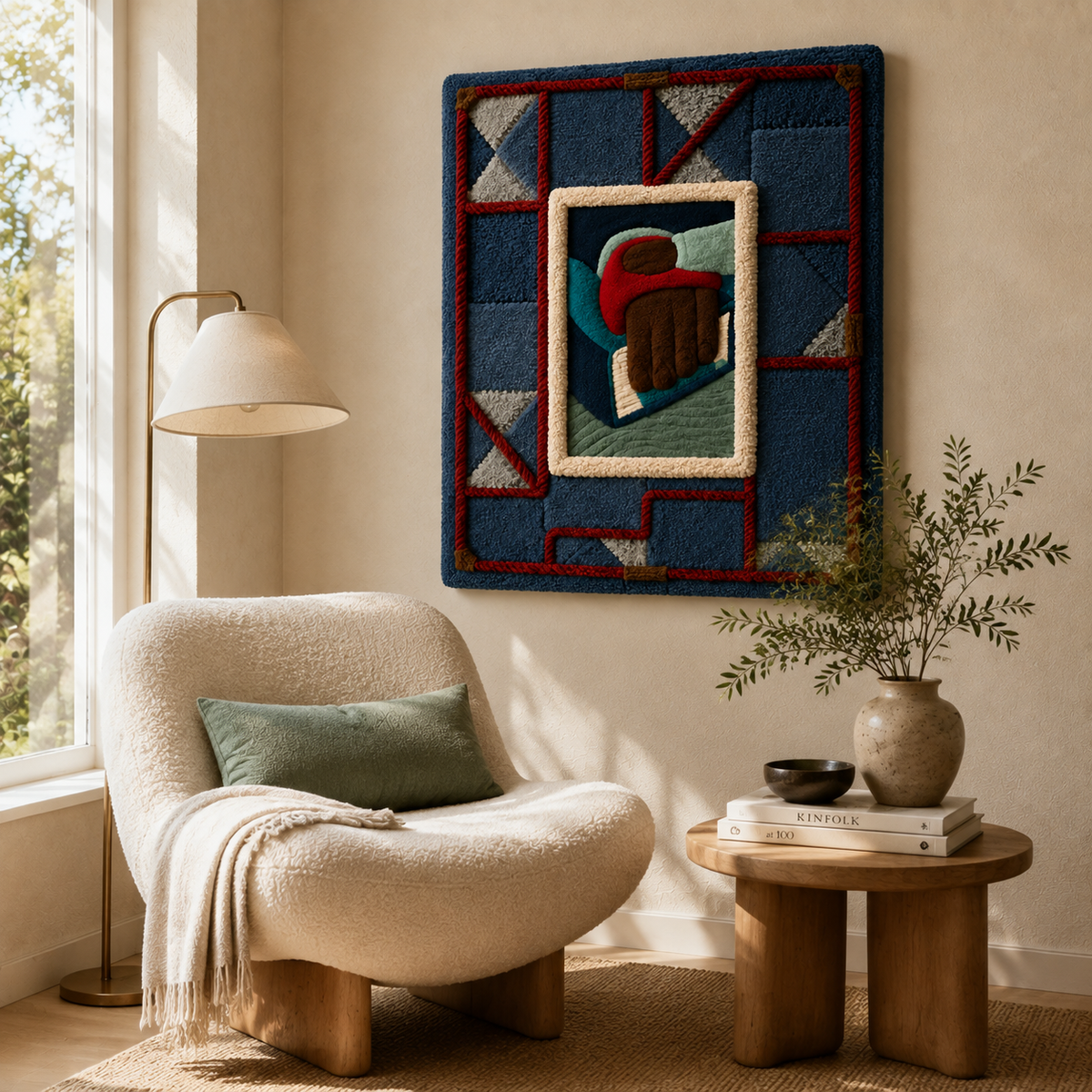 Hewn Earth Wall Art "Window Within" featuring a textured, abstract design in neutral tones on a gallery wall.