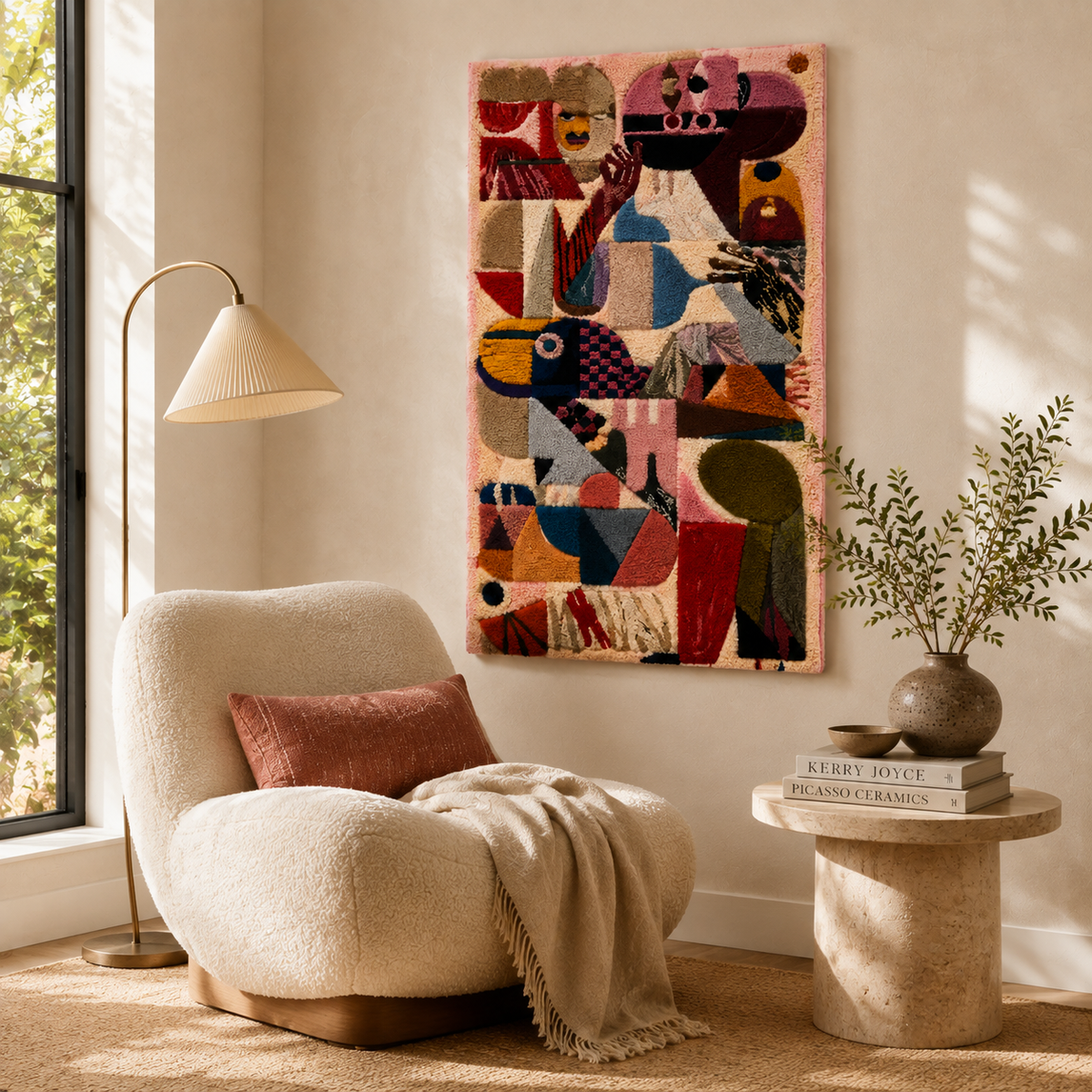 Close-up of Hewn Earth Paper Carnival wall art featuring intricate paper cut-out designs and vibrant colors.