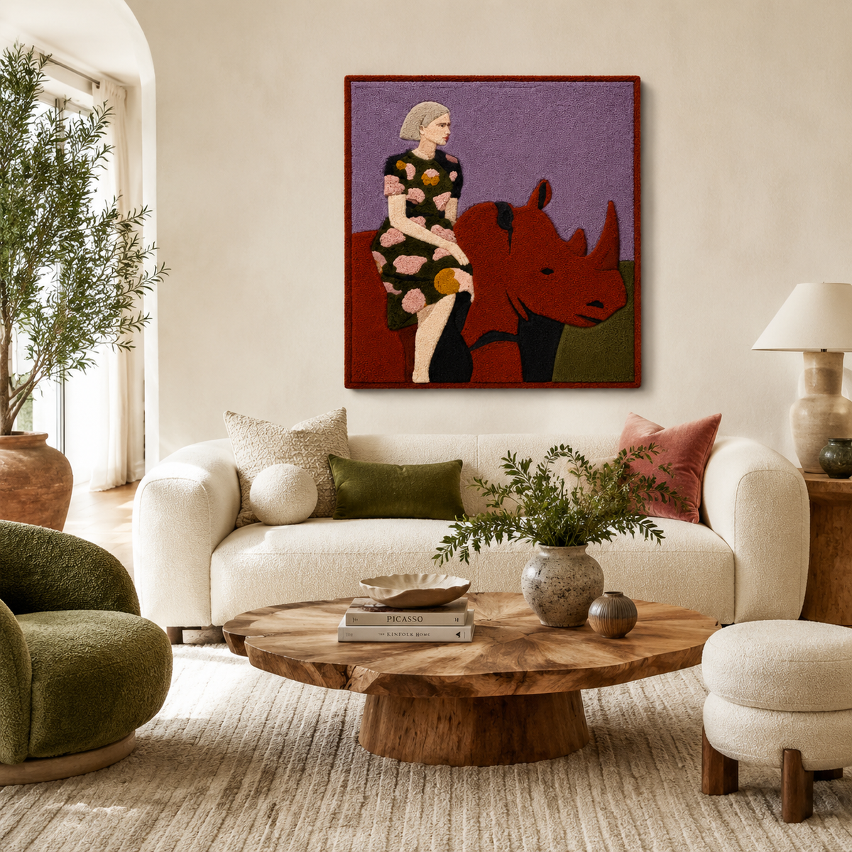 Hewn Earth Rhinoceros Companion wall art featuring a detailed, naturalistic rhinoceros illustration on a neutral background.
