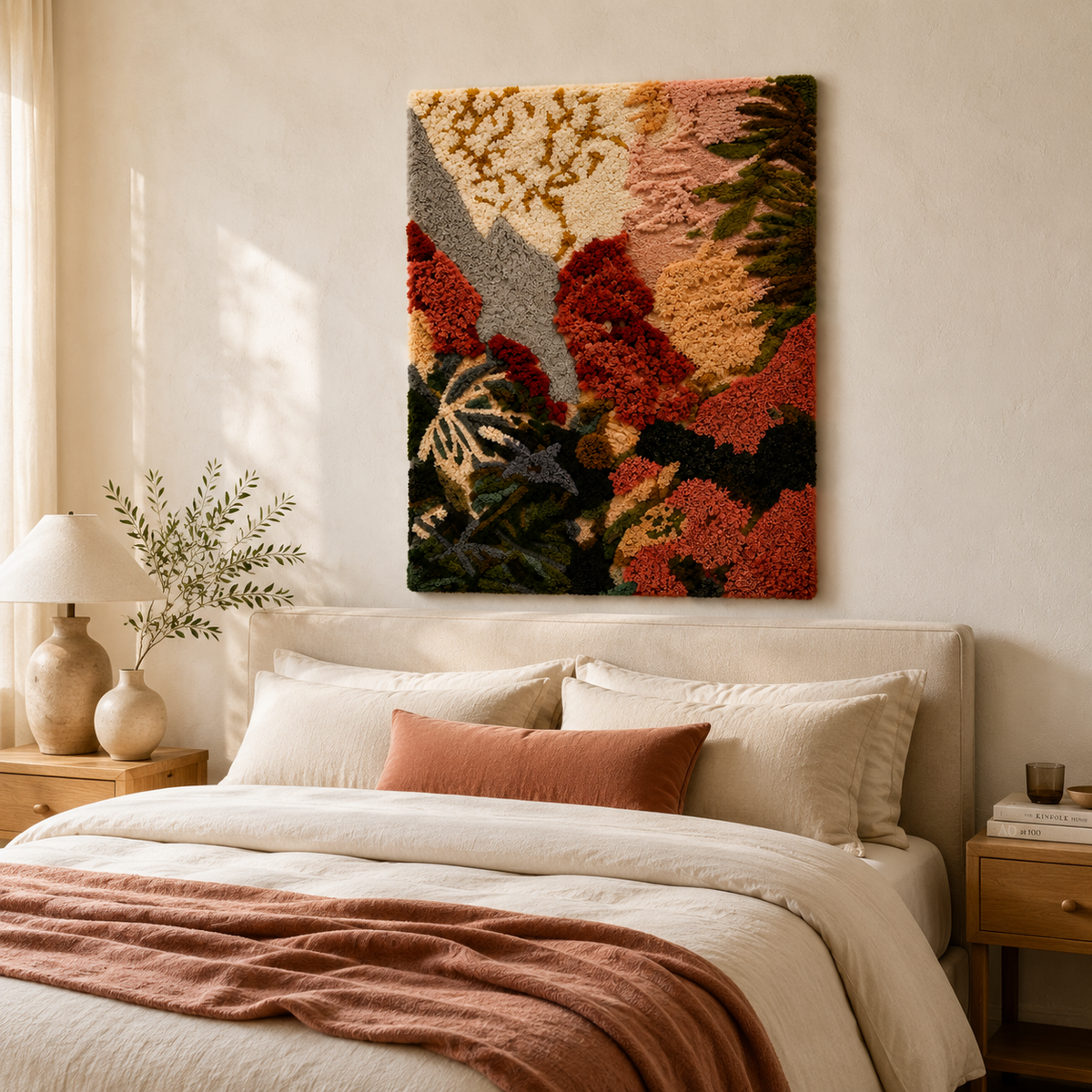Close-up of Hewn Earth Autumn Ravine wall art showcasing earthy tones and textured details on a canvas.