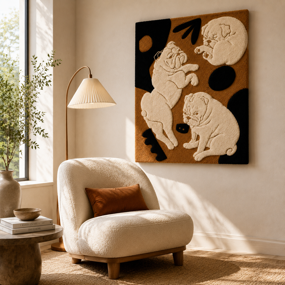 Night Garden Dogs wall art by Hewn Earth featuring a serene garden scene with dogs in a peaceful night setting.