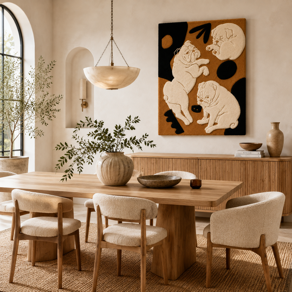 Night Garden Dogs wall art by Hewn Earth featuring a whimsical scene with dogs in a moonlit garden setting.
