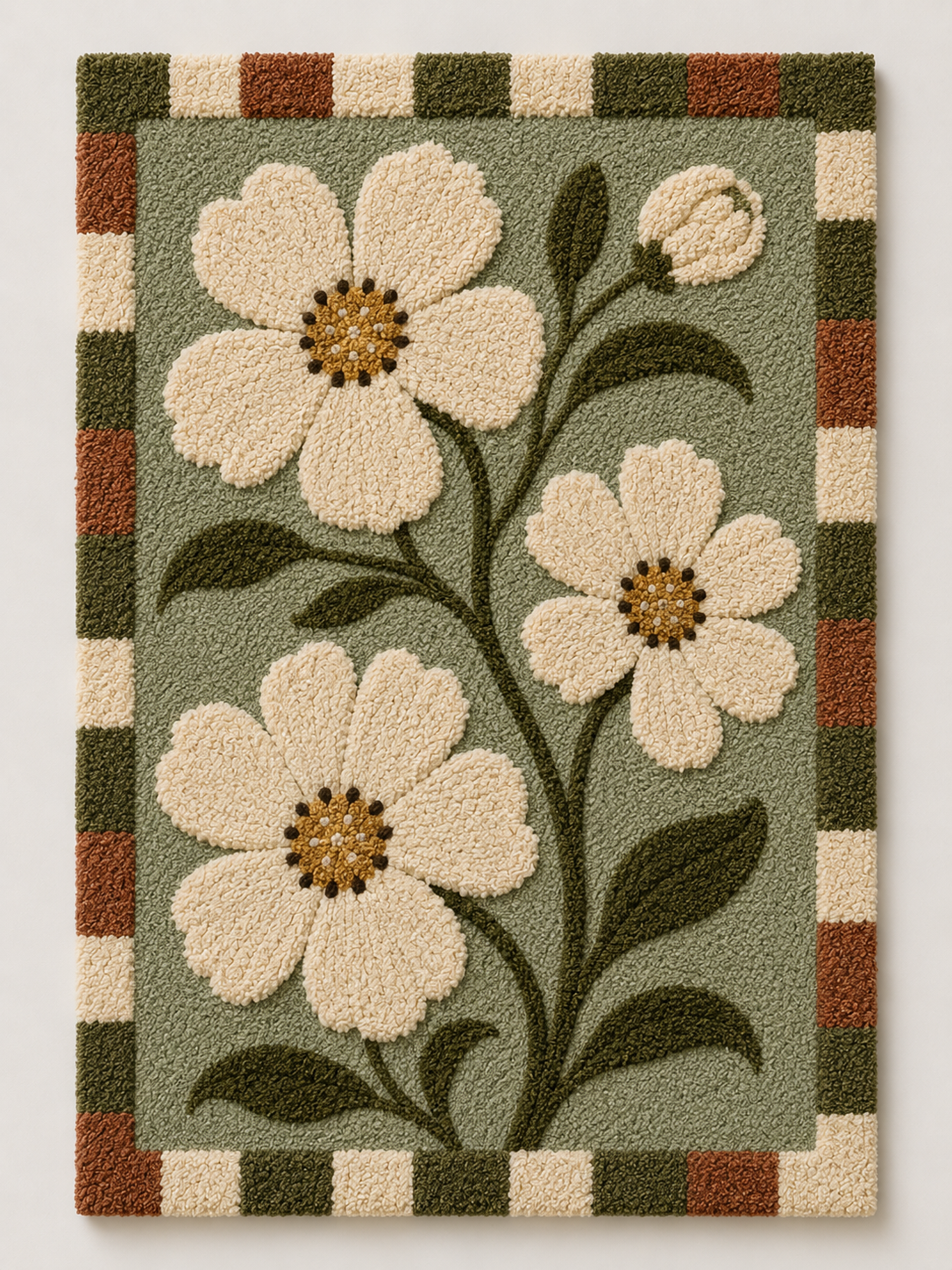 Hewn Earth Moss Gingham Daisies wall art featuring a botanical print with daisies and moss green gingham pattern.