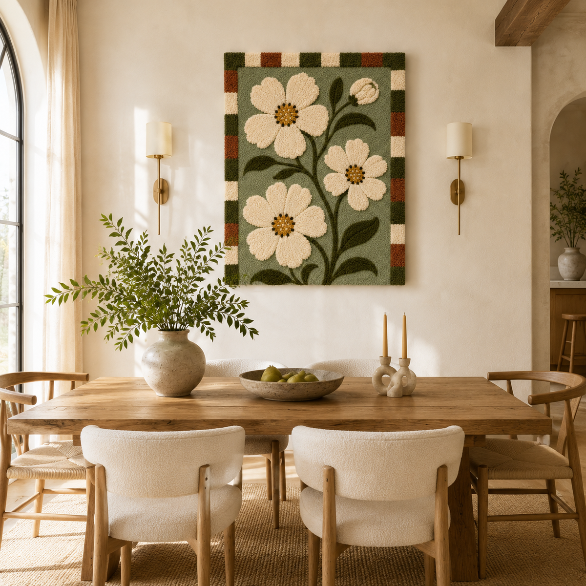 Hewn Earth Moss Gingham Daisies wall art featuring a floral design in soft green and white tones on a textured background.