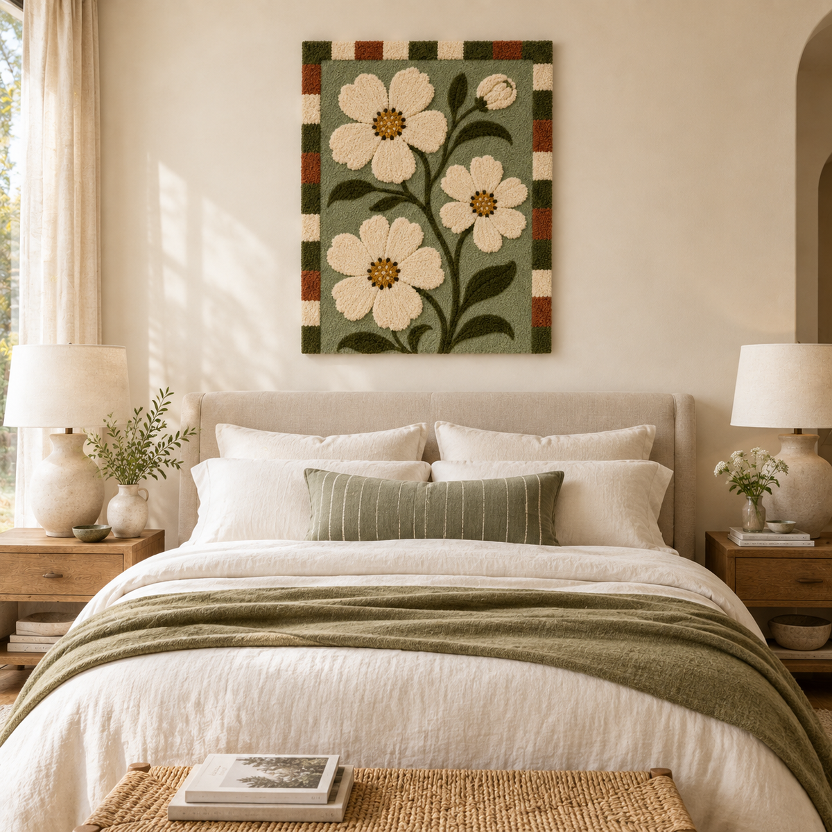Close-up of Hewn Earth Moss Gingham Daisies wall art featuring soft green gingham background with delicate daisy illustrations.