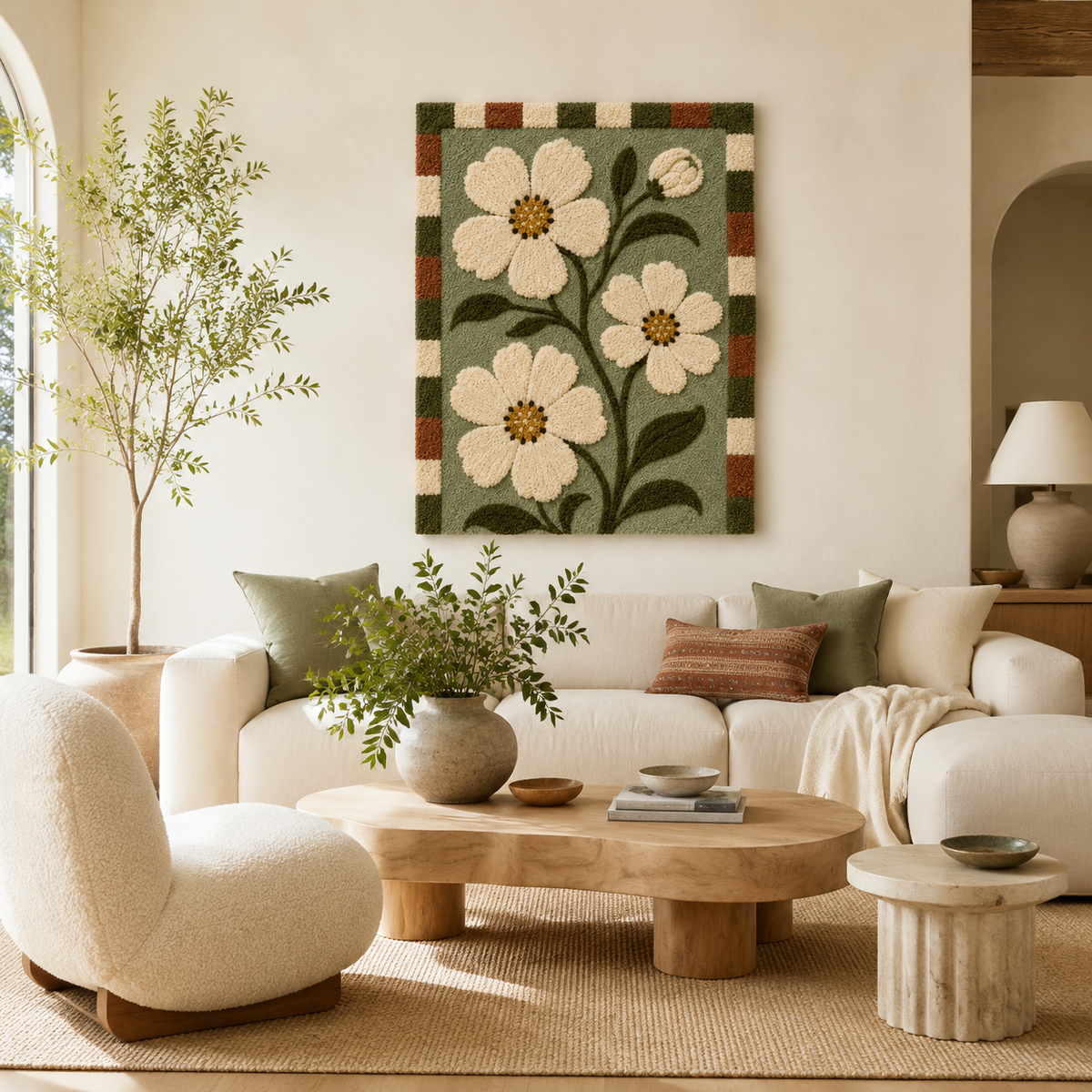 Hewn Earth Moss Gingham Daisies wall art featuring a botanical design with green gingham background and daisy illustrations.