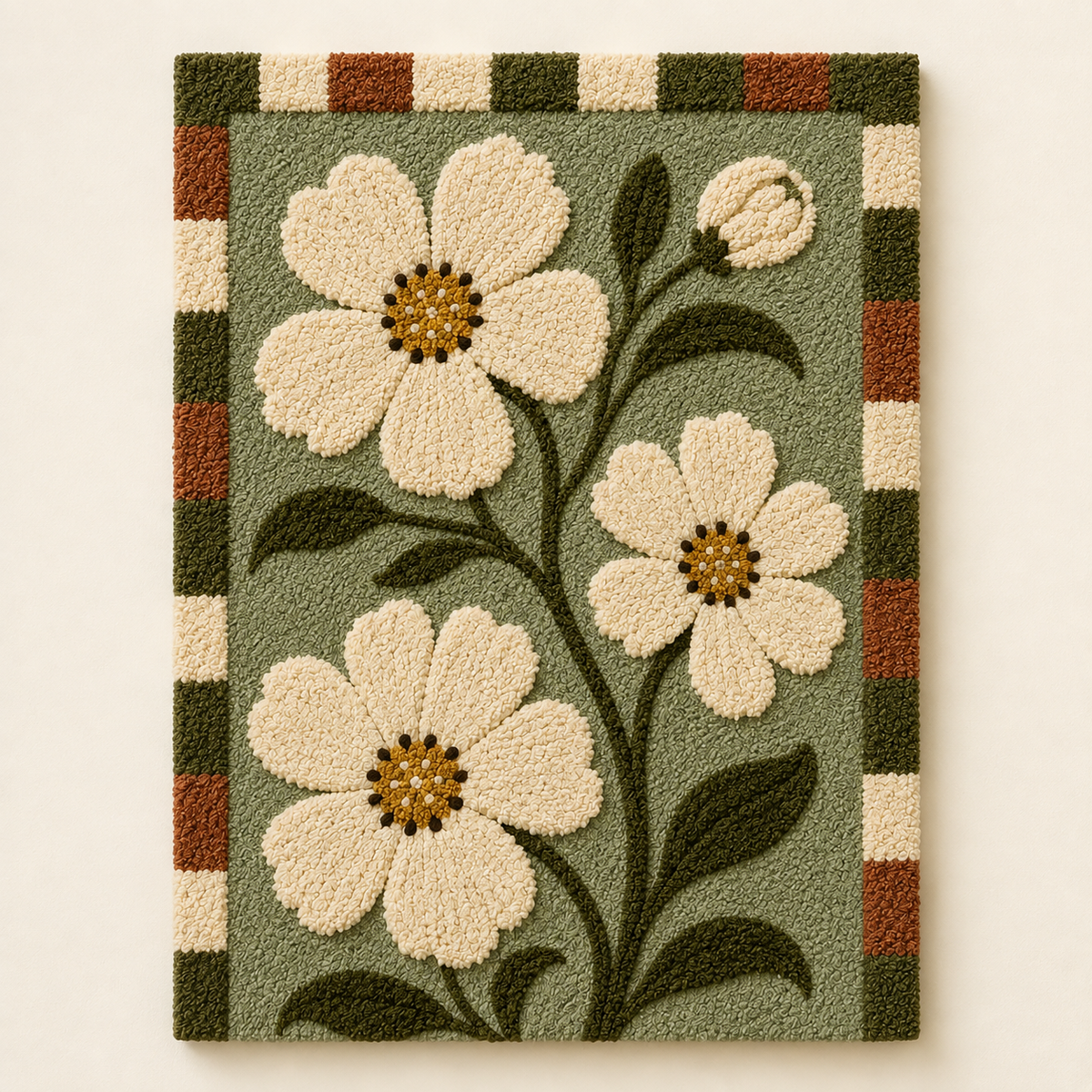 Hewn Earth Moss Gingham Daisies wall art featuring a floral design with moss green gingham background and daisy accents.