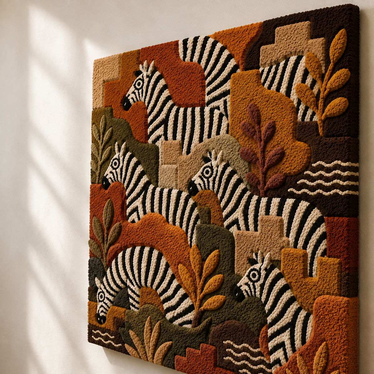 Close-up of Hewn Earth Zebra Grove wall art featuring detailed black and white zebra illustrations on a textured background.