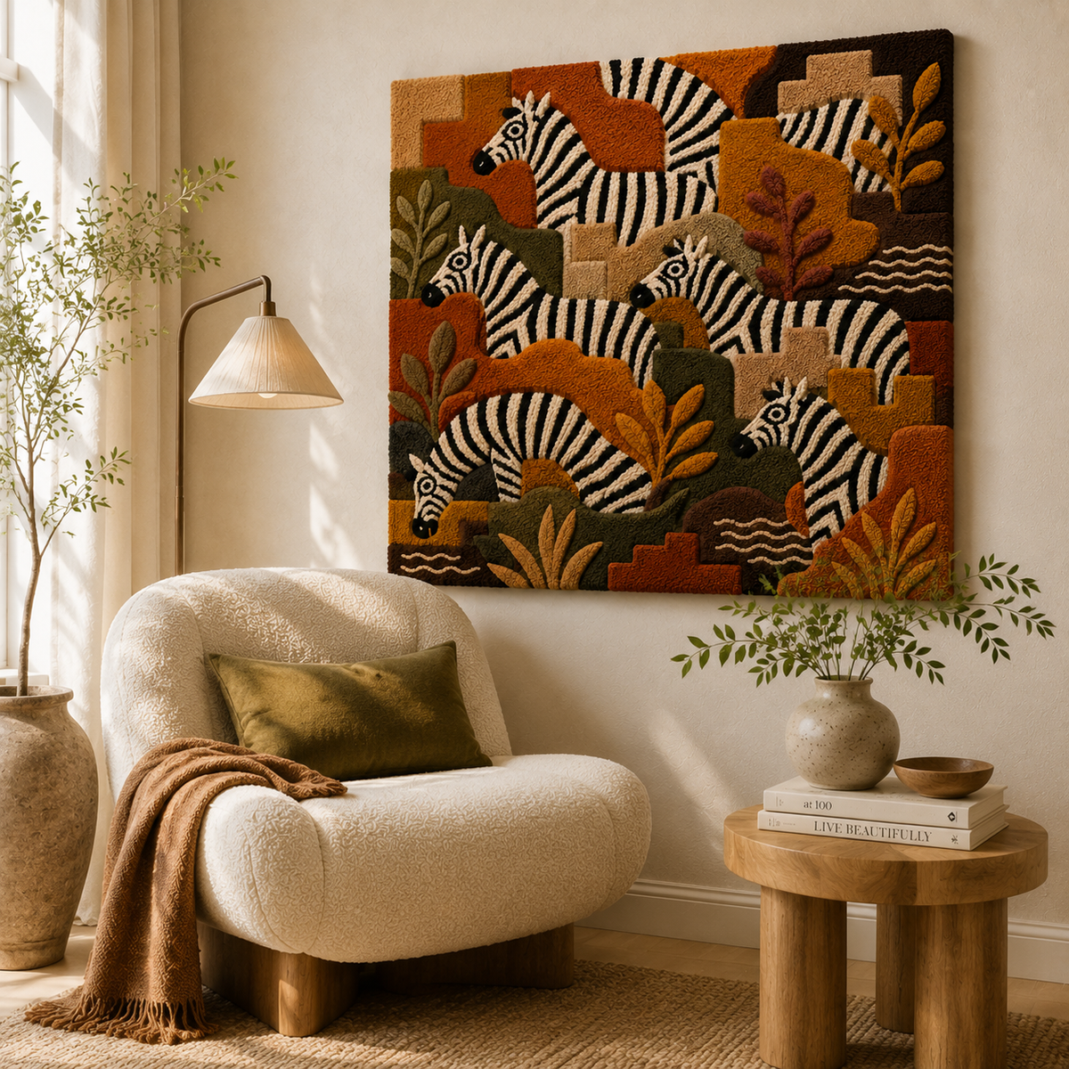 Hewn Earth Zebra Grove wall art featuring a detailed zebra illustration on a neutral background.