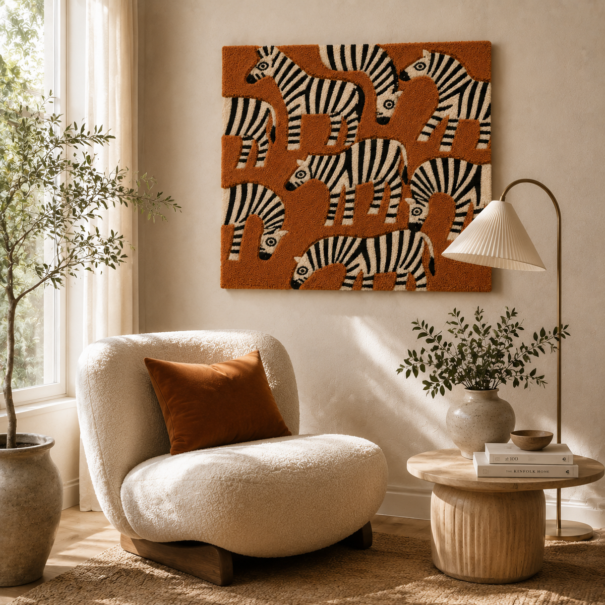Close-up of Hewn Earth Zebra Parade wall art featuring detailed black and white zebra illustrations on textured canvas.