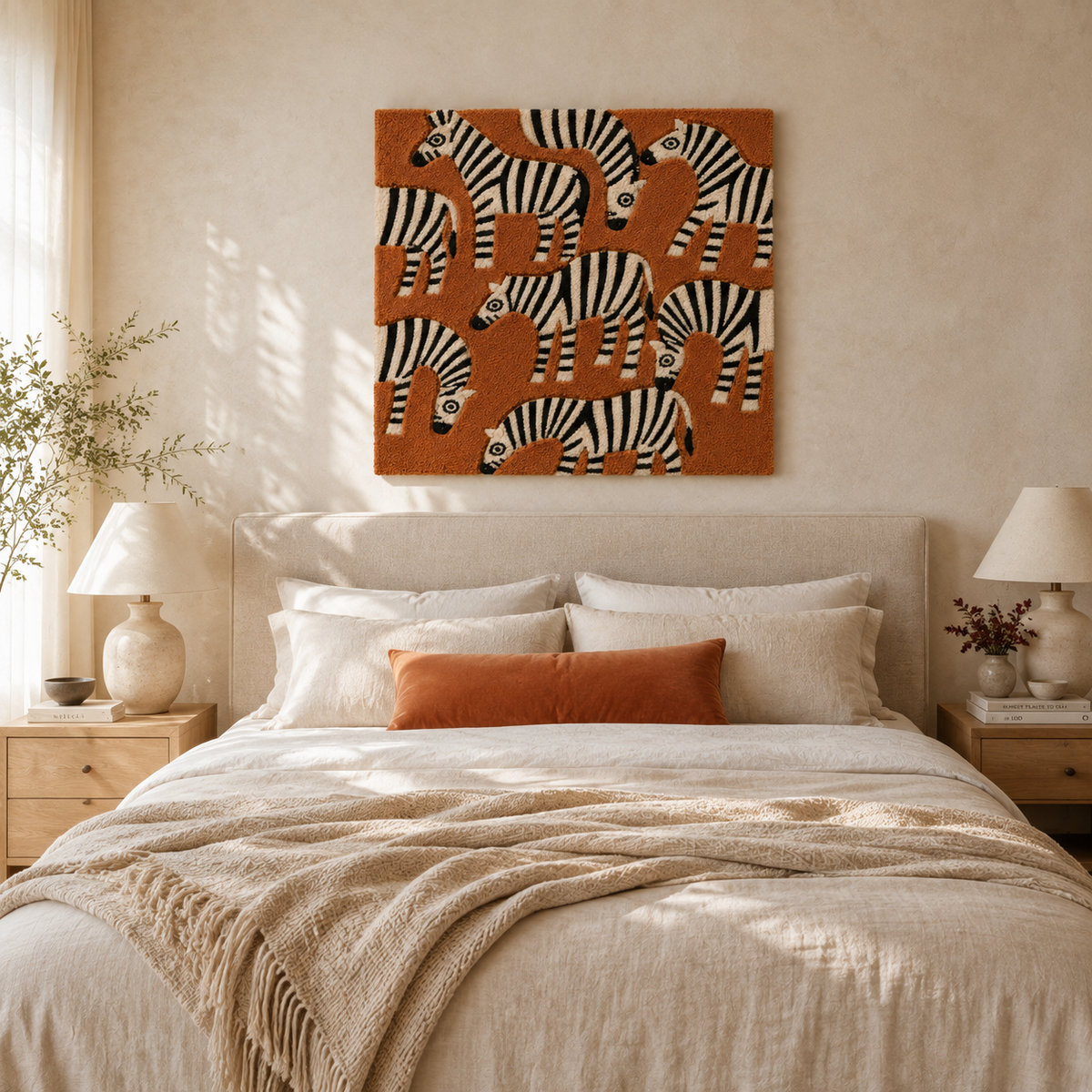 Colorful Zebra Parade wall art by Hewn Earth depicting vibrant zebra illustrations on a decorative canvas.