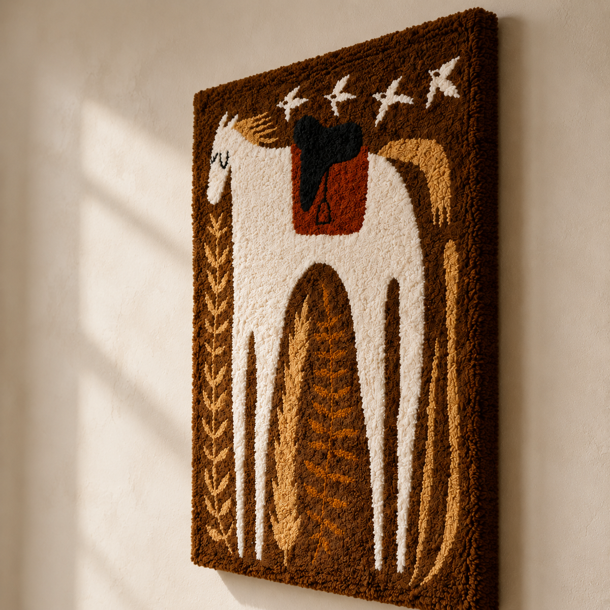 Close-up of Hewn Earth Harvest Horse wall art showing detailed textured horse design on a neutral background.