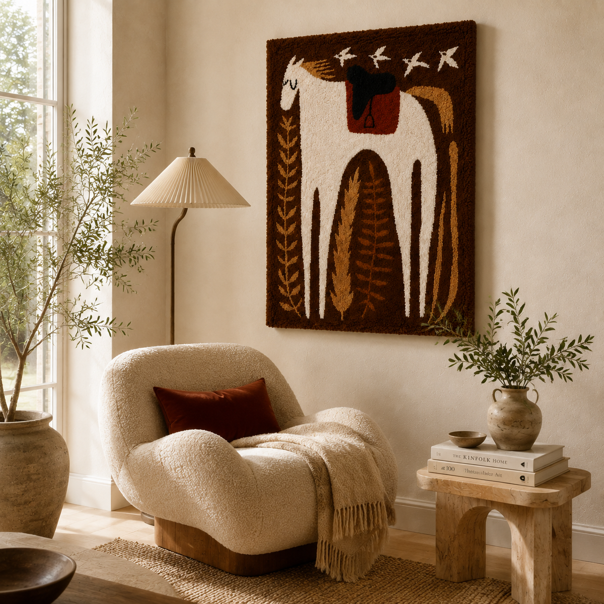 Hewn Earth Harvest Horse wall art featuring a detailed illustration of a horse in earthy tones on a neutral background.