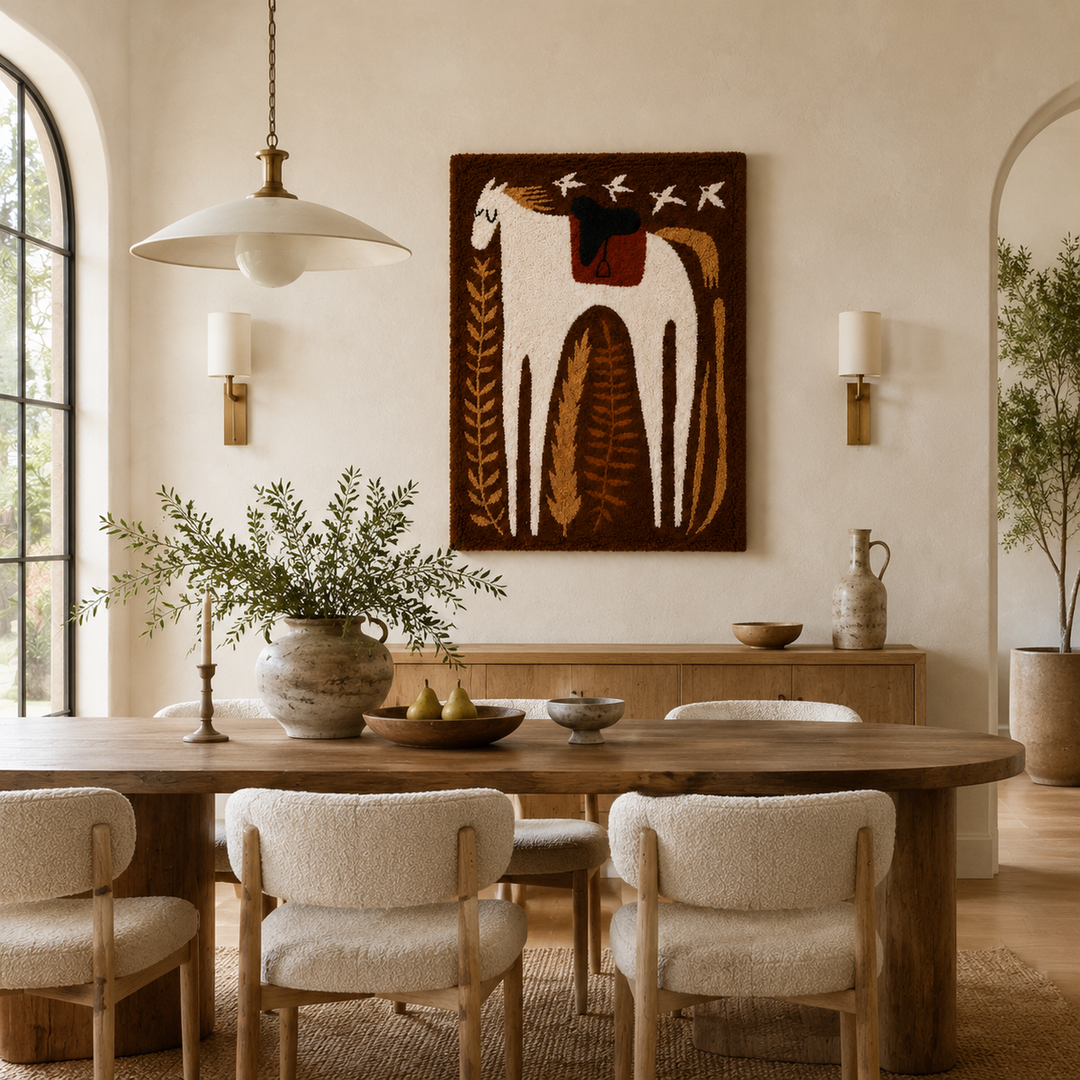 Hewn Earth Harvest Horse wall art, rustic animal illustration in earthy tones, suitable for farmhouse or country decor.