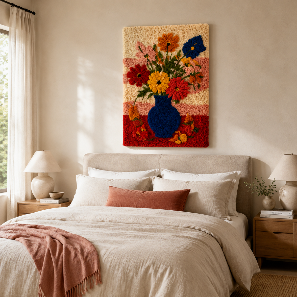 Close-up of Hewn Earth Field Bouquet wall art featuring detailed, colorful floral illustrations on a textured background.