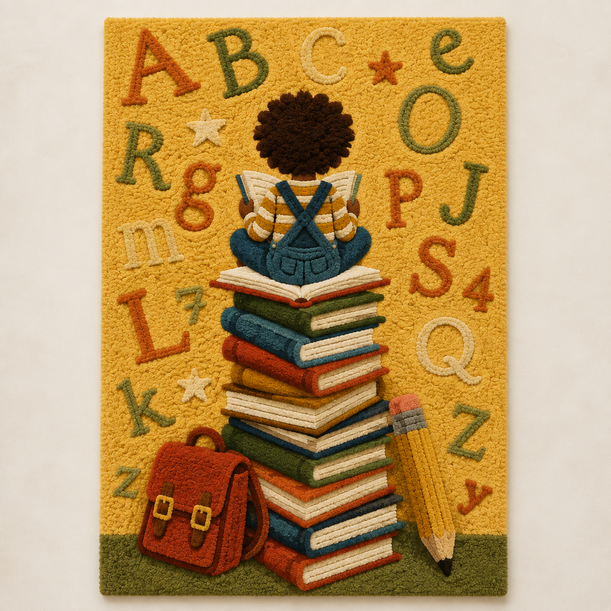 Detailed close-up of Hewn Earth Alphabet Library wall art featuring colorful alphabet letters on a textured background.