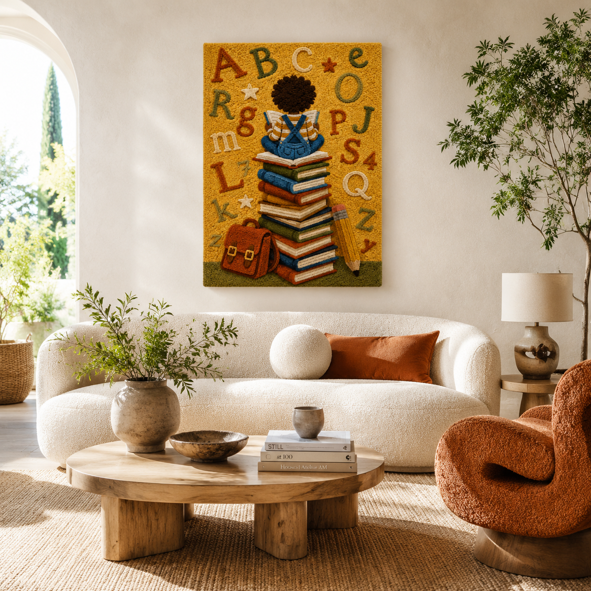 Colorful alphabet library wall art by Hewn Earth featuring alphabet letters in a decorative design for children's rooms.