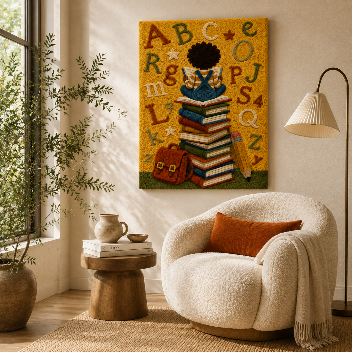 Colorful Hewn Earth Alphabet Library wall art featuring alphabet letters on a wooden background for children's room decor.