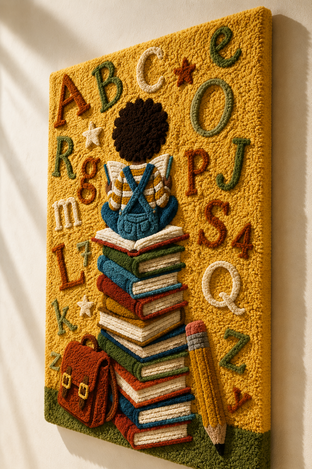 Hewn Earth Alphabet Library wall art featuring colorful alphabet letters arranged creatively on a white background.
