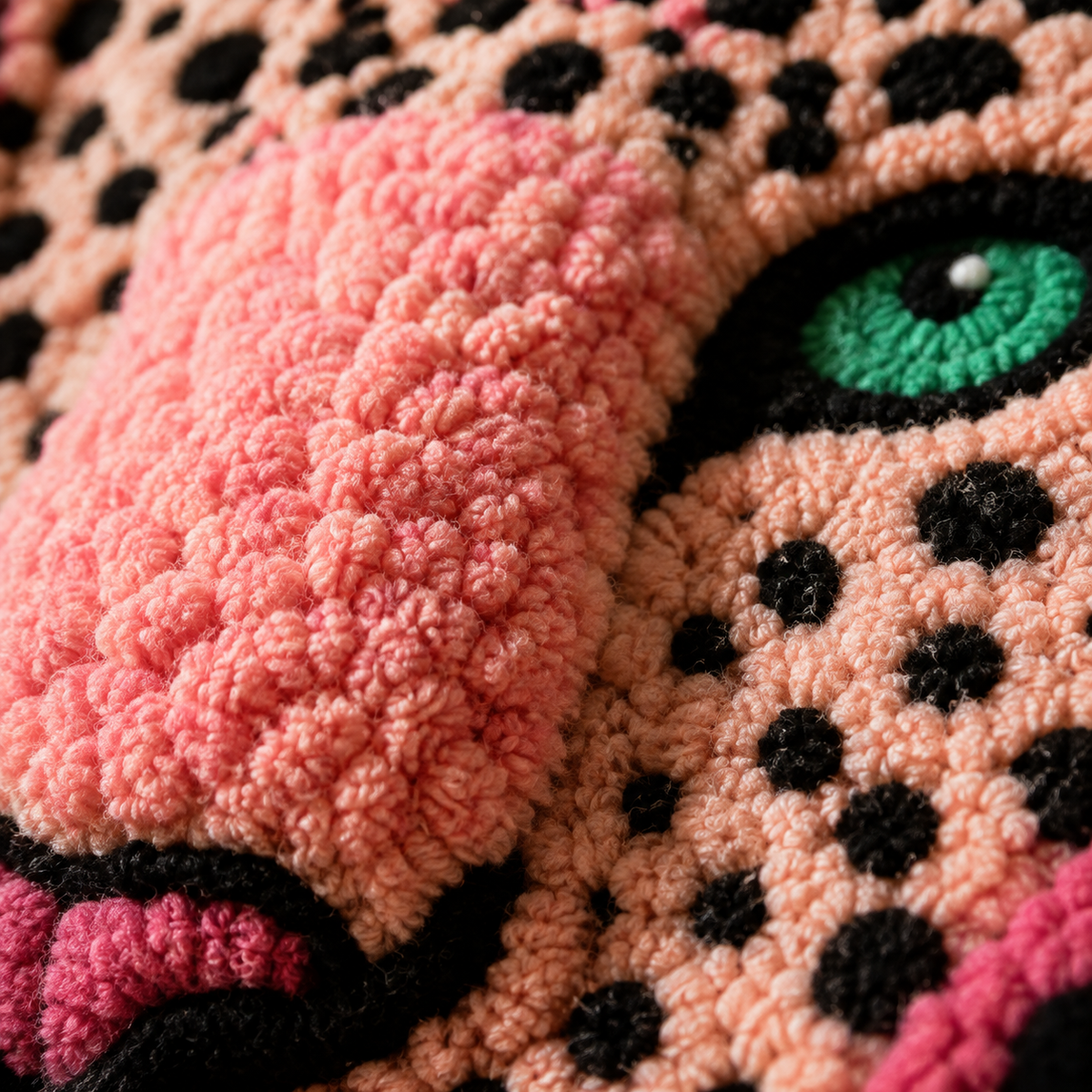 Close-up of Hewn Earth Rose Leopard wall art showing detailed pink and black leopard print design on textured background.