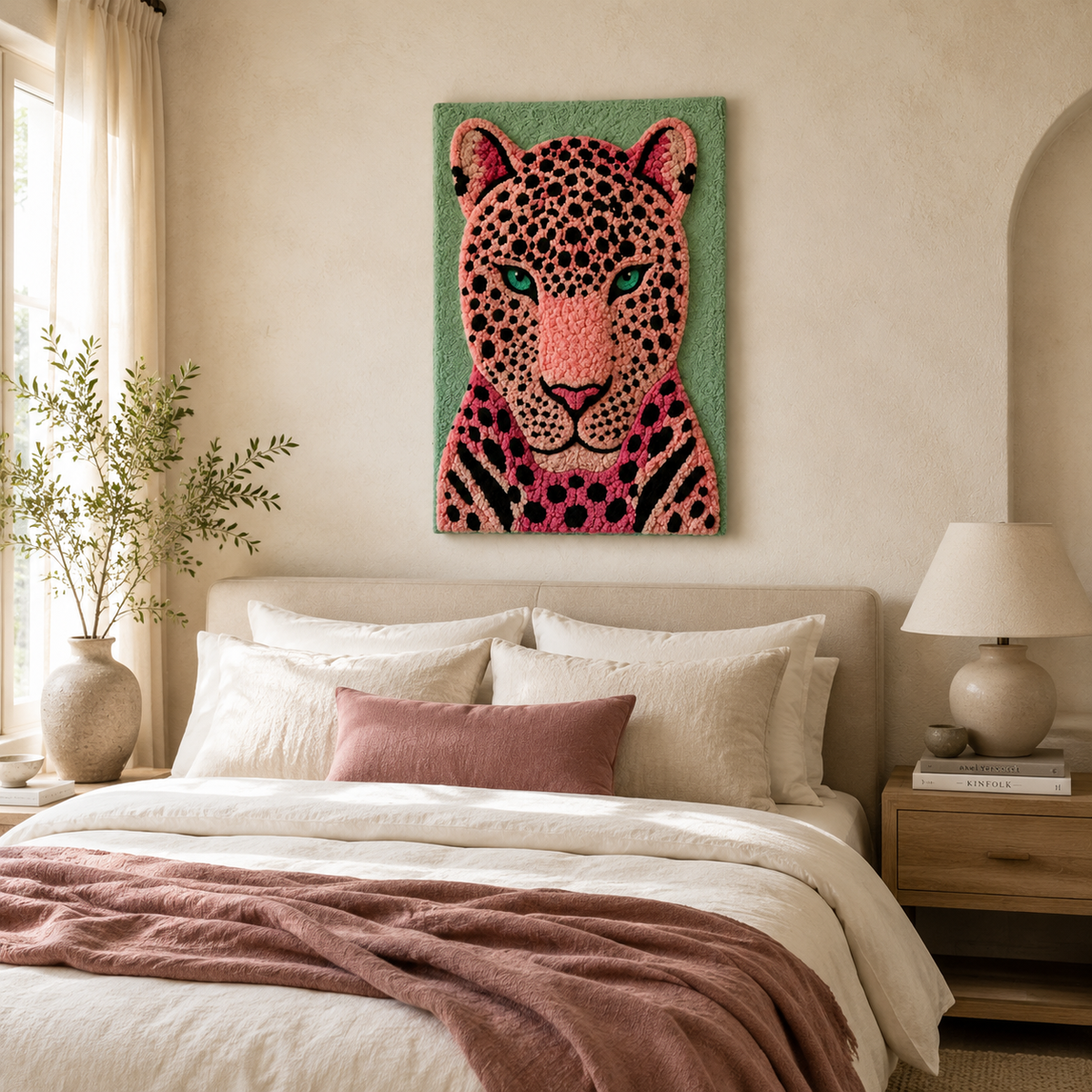 Rose Leopard wall art by Hewn Earth featuring a striking leopard with rose accents on a textured background.