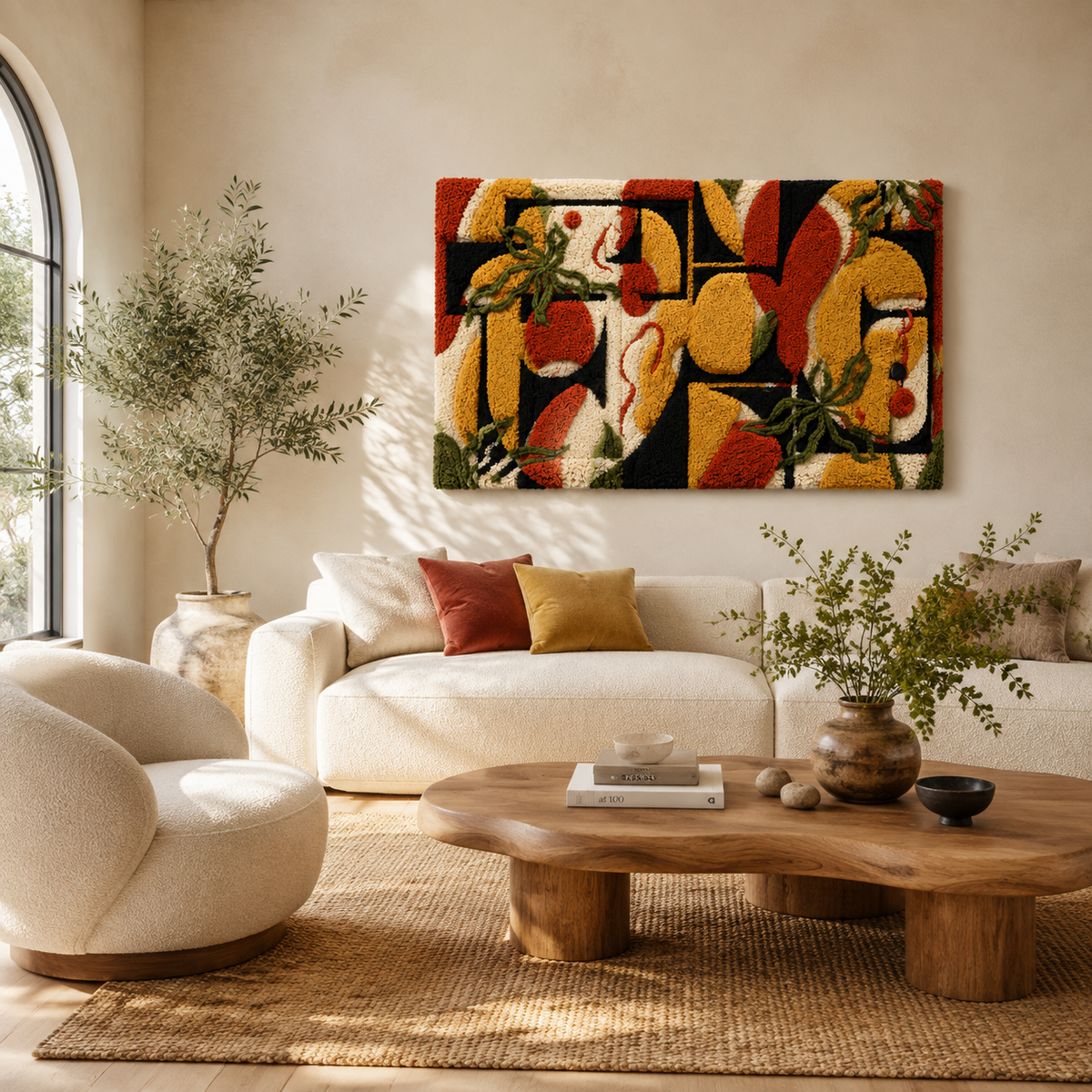 Hewn Earth Botanical Collage wall art featuring vibrant floral and foliage illustrations on a natural background.