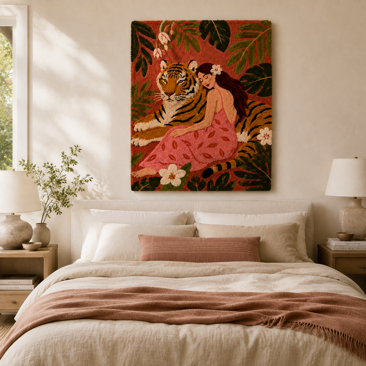 Close-up of Hewn Earth Tiger and Muse wall art featuring detailed tiger and muse illustrations on textured background.