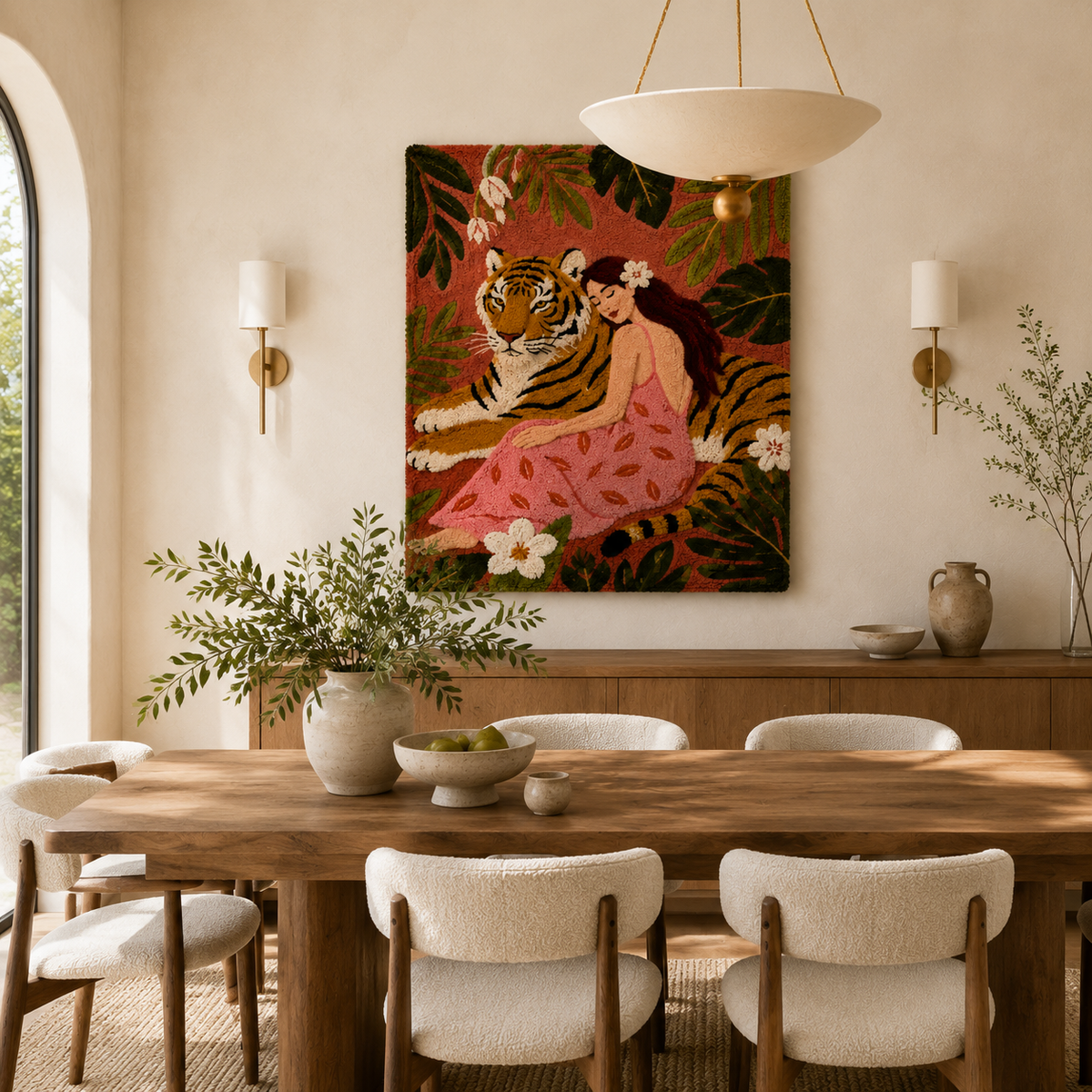 Hewn Earth Tiger and Muse wall art featuring a detailed illustration of a tiger and muse figure on a neutral background.