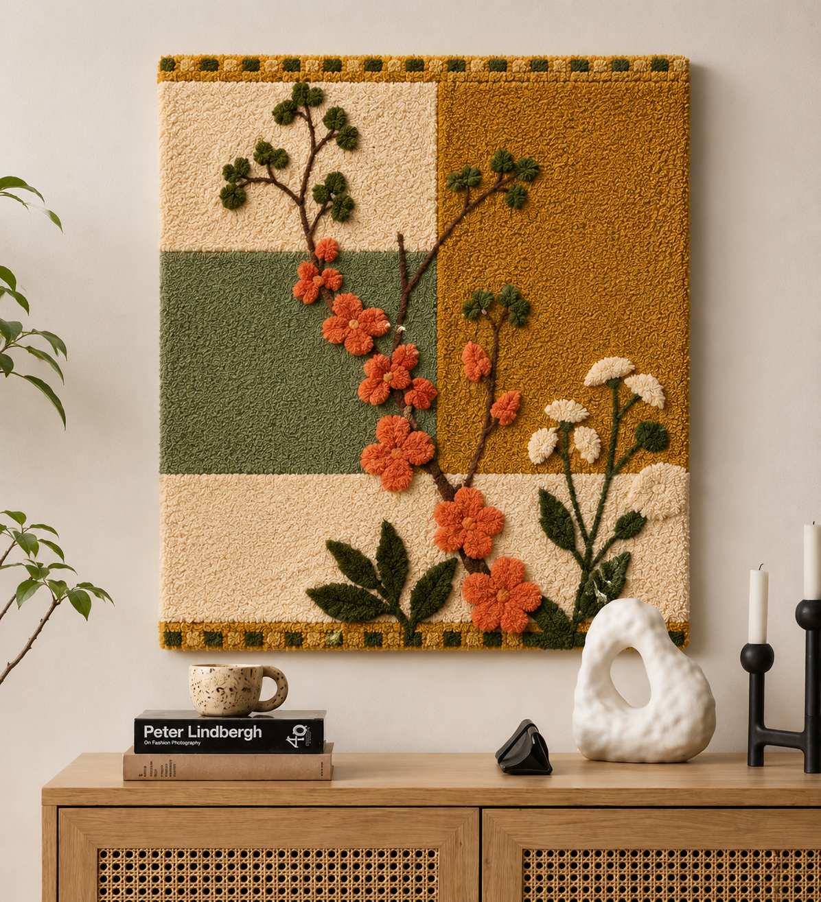 Night Bloom wall art by Hewn Earth, featuring a colorful floral design, displayed on a modern room wall.