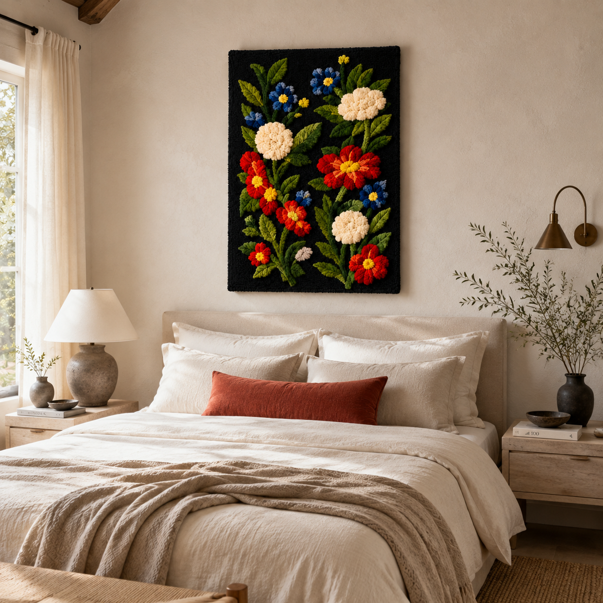 Close-up of Hewn Earth Dream Menagerie wall art featuring intricate details and vibrant colors on a textured canvas.