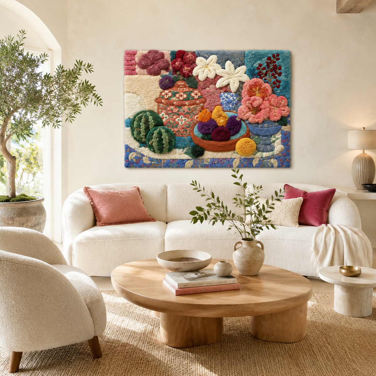 Hewn Earth Tile Rosette wall art featuring intricate, textured design in neutral tones for decorative wall decor.