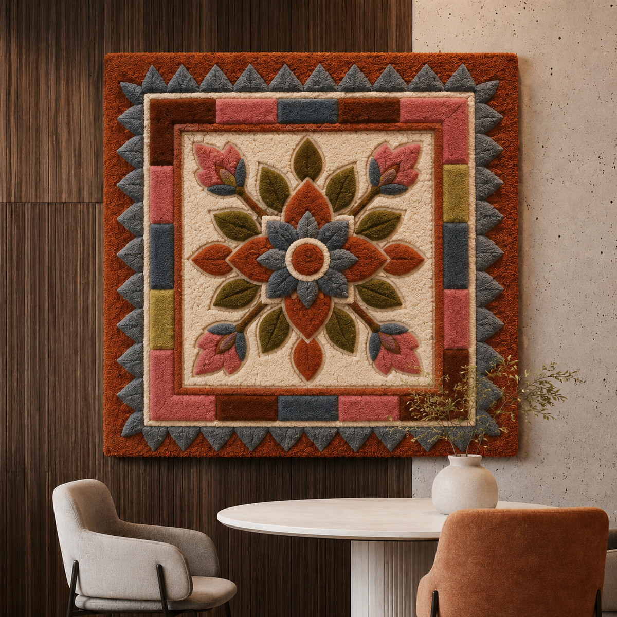 Indigo emblem wall art by Hewn Earth hanging on a wall, featuring a circular design with textured, natural-inspired patterns.