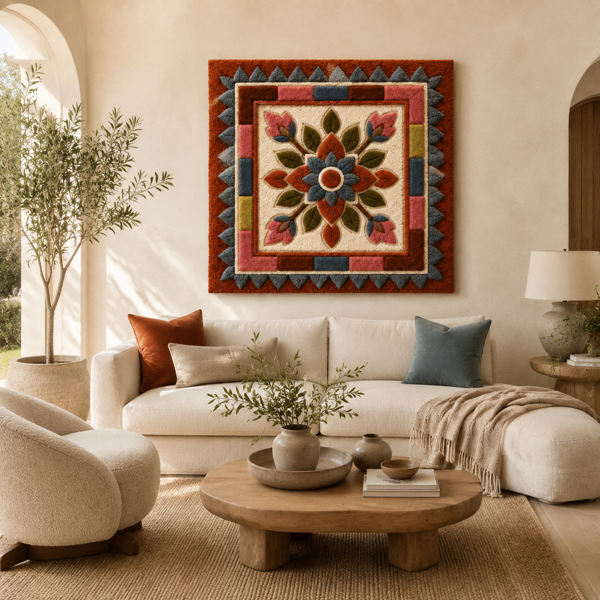 Indigo Emblem wall art by Hewn Earth featuring a circular design with intricate patterns on a light background.