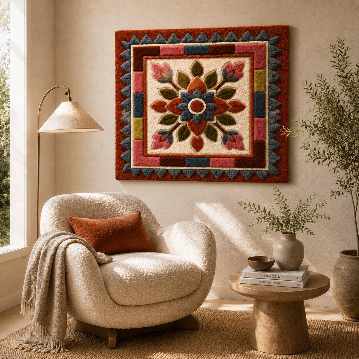 Close-up of Hewn Earth Indigo Emblem wall art featuring intricate textured design and vibrant blue hues.