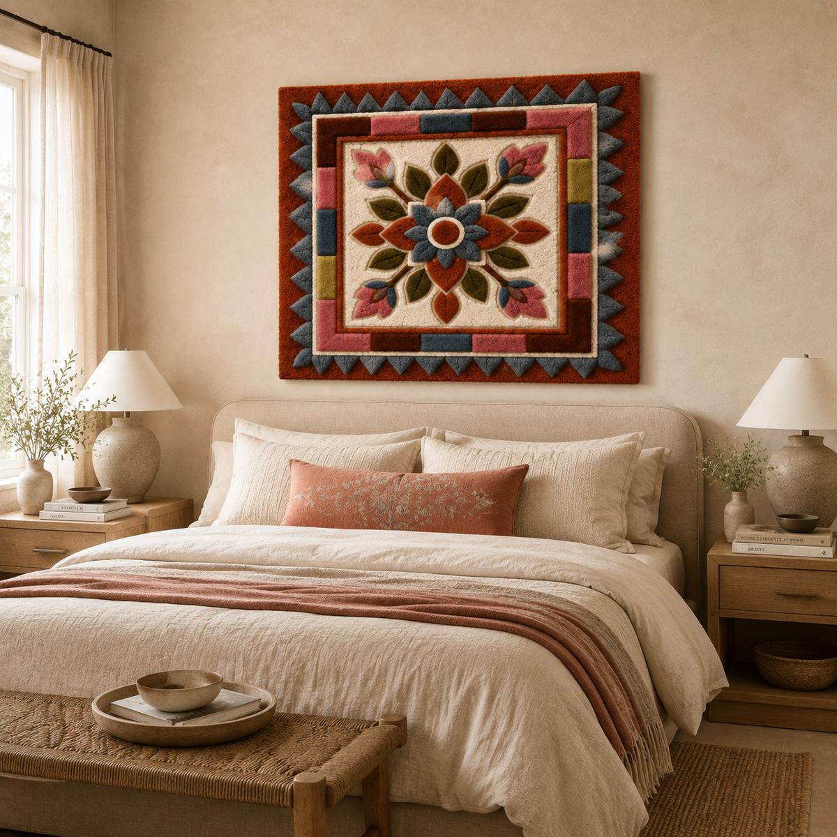 Indigo emblem wall art by Hewn Earth featuring a circular, textured design on a neutral background.