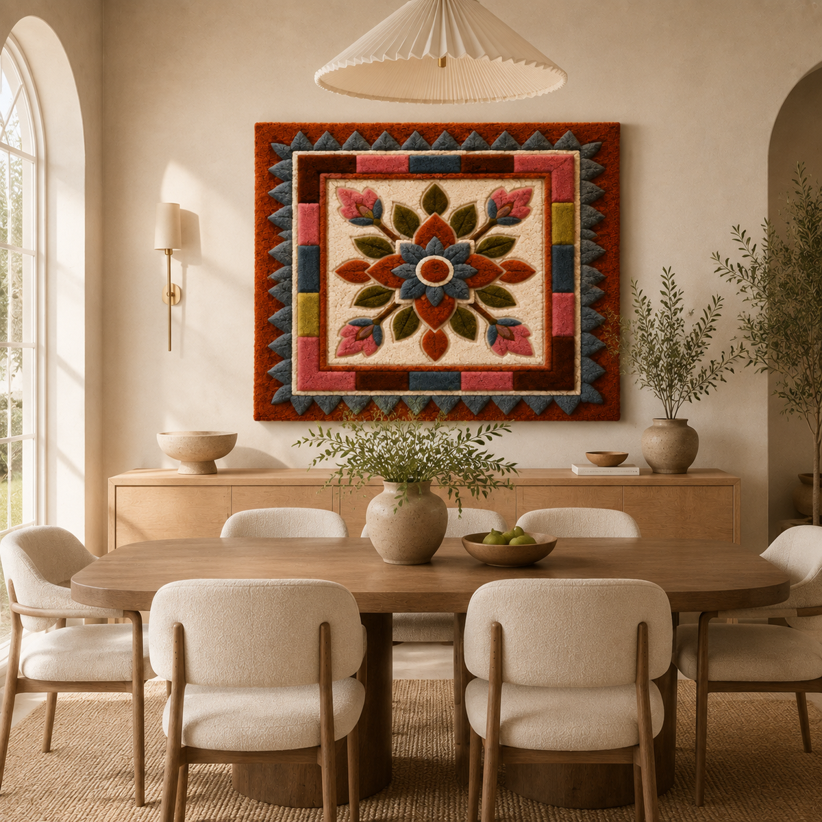 Indigo Emblem wall art by Hewn Earth featuring a circular design with intricate patterns on a neutral background.