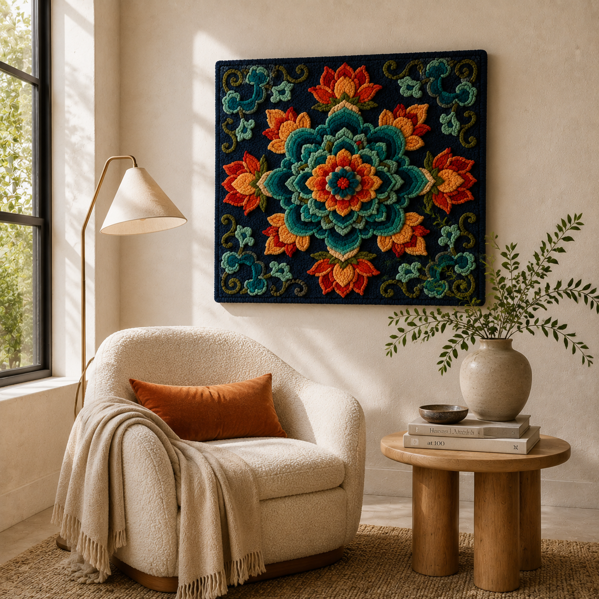 Hewn Earth Sunburst Frame wall art featuring a vibrant, circular sunburst design in warm tones, perfect for wall decoration.