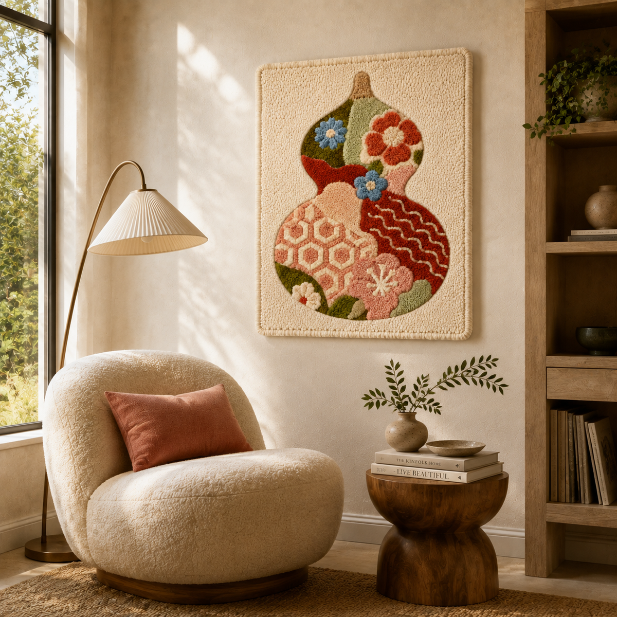 Detailed view of Hewn Earth Phoenix Reliquary wall art, featuring intricate design and vibrant colors on textured surface.