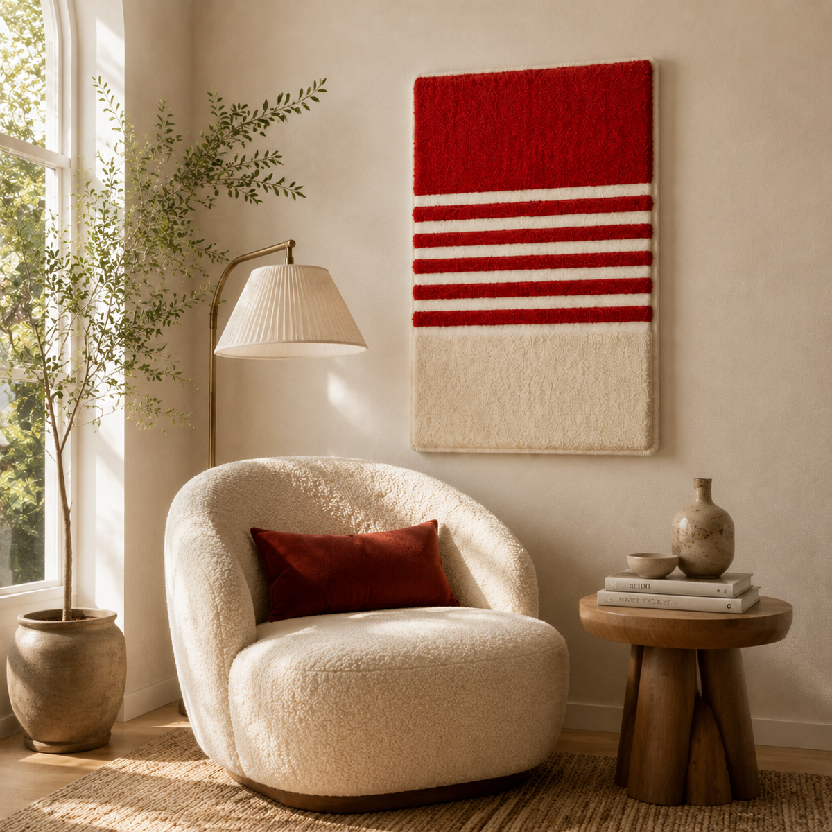 Colorful patchwork grid wall art by Hewn Earth featuring vibrant geometric patterns on a neutral background.