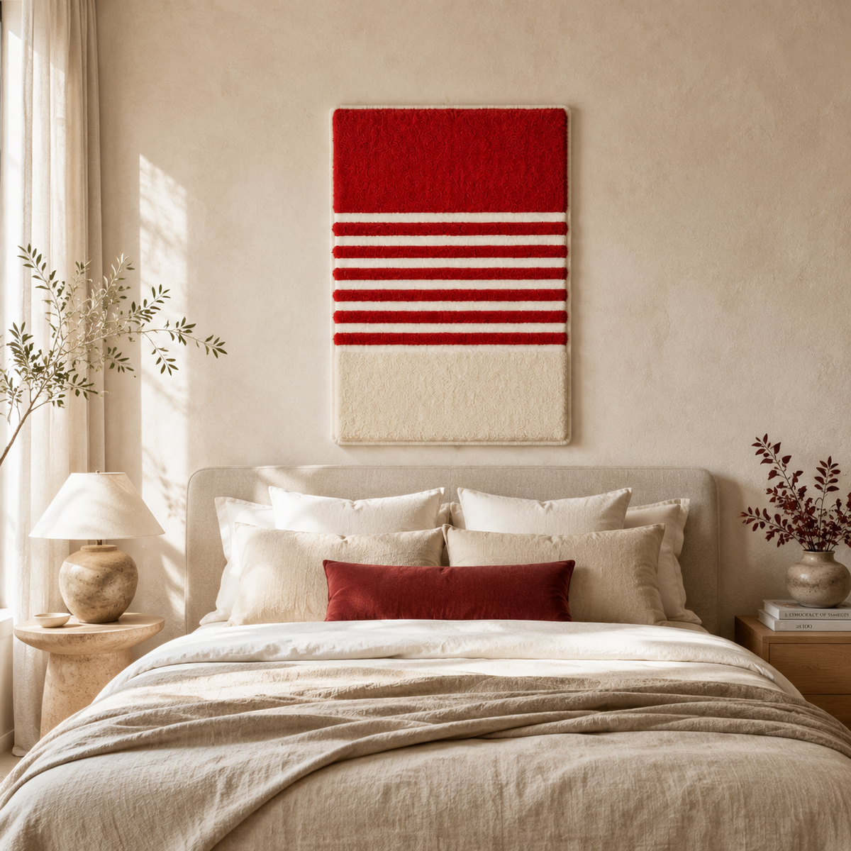 Hewn Earth patchwork grid wall art featuring colorful geometric patterns on a neutral background.