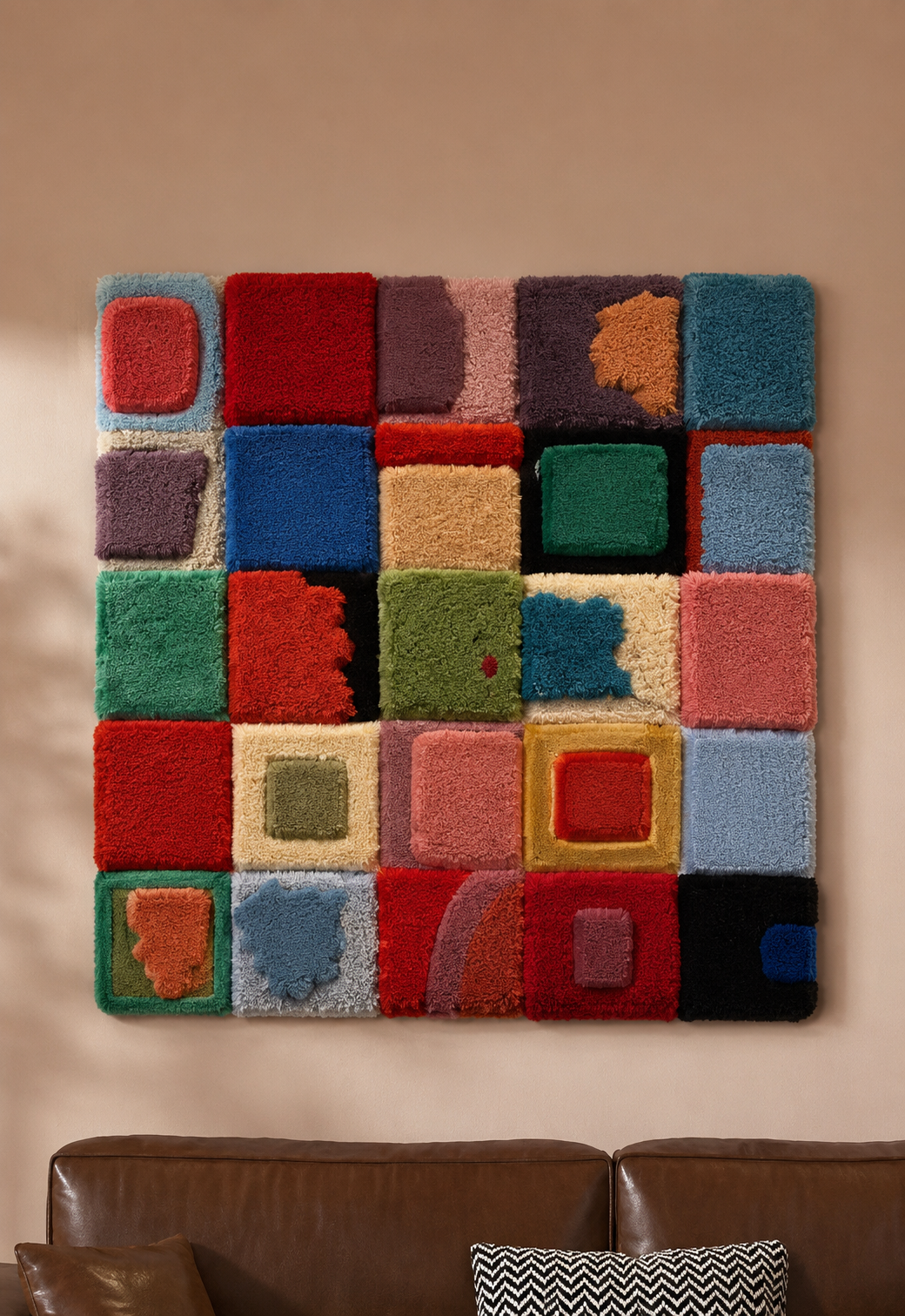 Hewn Earth Festival Patchwork wall art featuring colorful patchwork fabric design on a wall display.