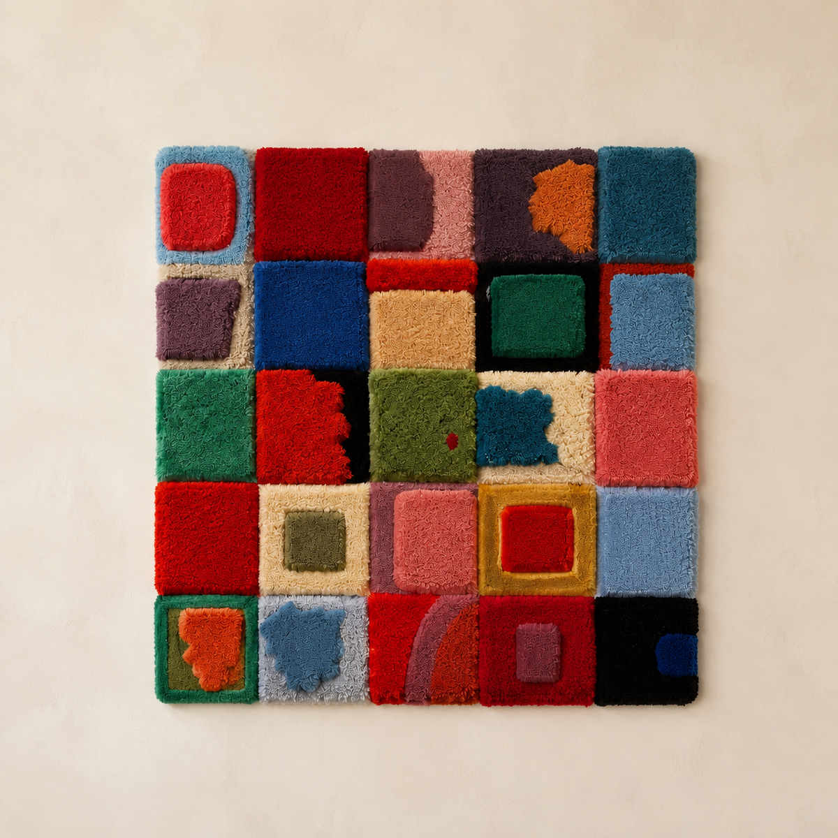 Colorful Hewn Earth Festival Patchwork wall art featuring vibrant patchwork fabric arranged in an artistic display.