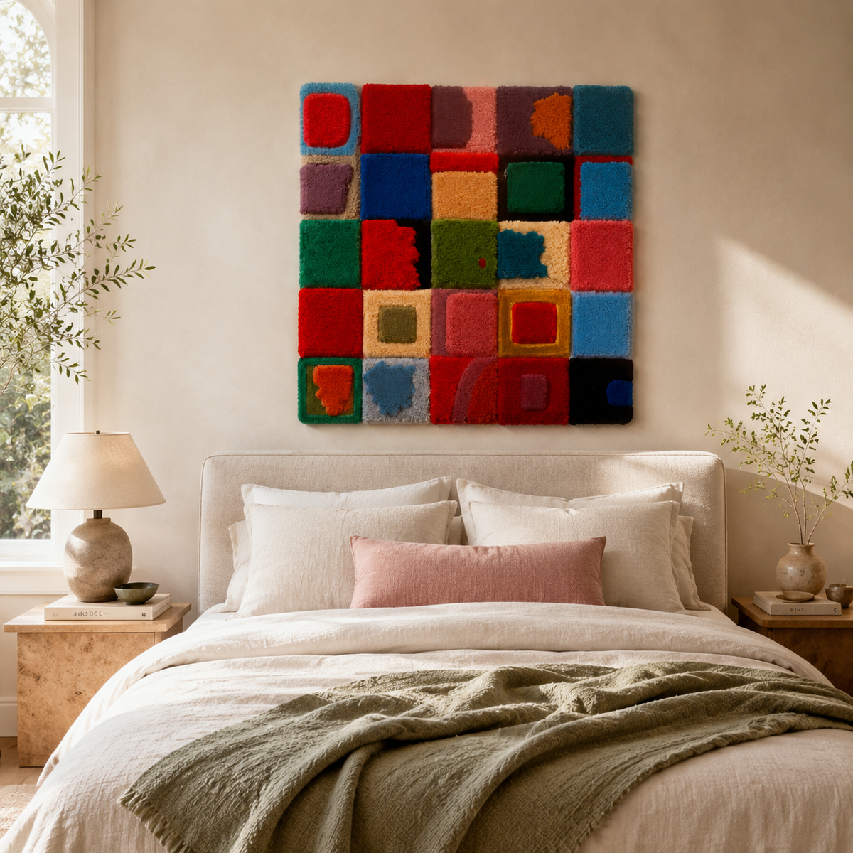 Colorful patchwork wall art by Hewn Earth featuring intricate fabric patterns and textured details.