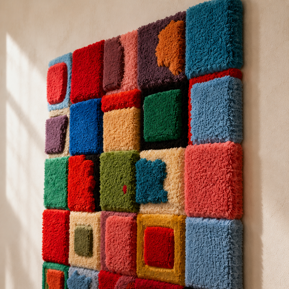 Colorful Festival Patchwork Hewn Earth wall art featuring vibrant fabric patches and intricate stitching on a textured canvas.