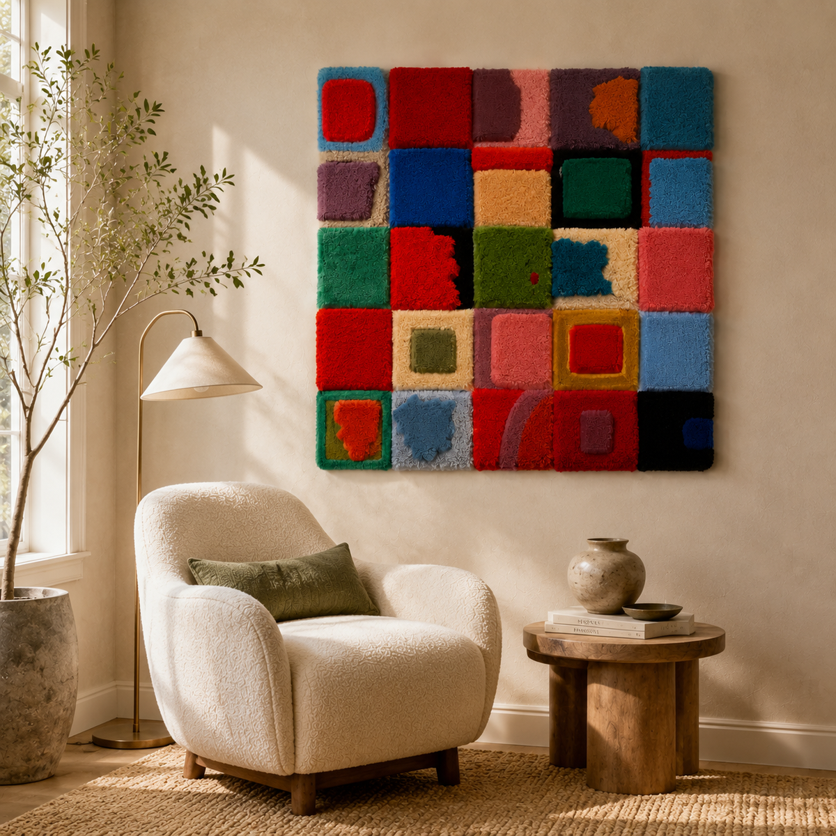 Colorful Festival Patchwork wall art by Hewn Earth featuring vibrant patchwork patterns and textured fabric details.