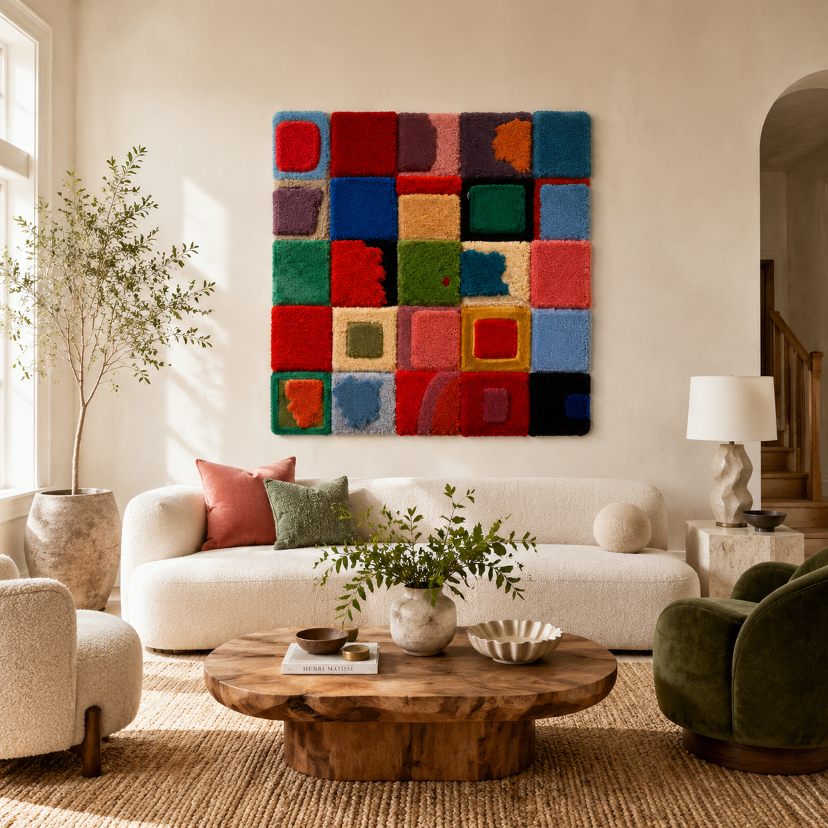 Colorful patchwork wall art by Hewn Earth featuring vibrant, textured fabric designs for a bohemian interior decor.